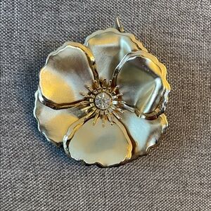 Gold Floral Pansy Brooch with Clear Crystal Center